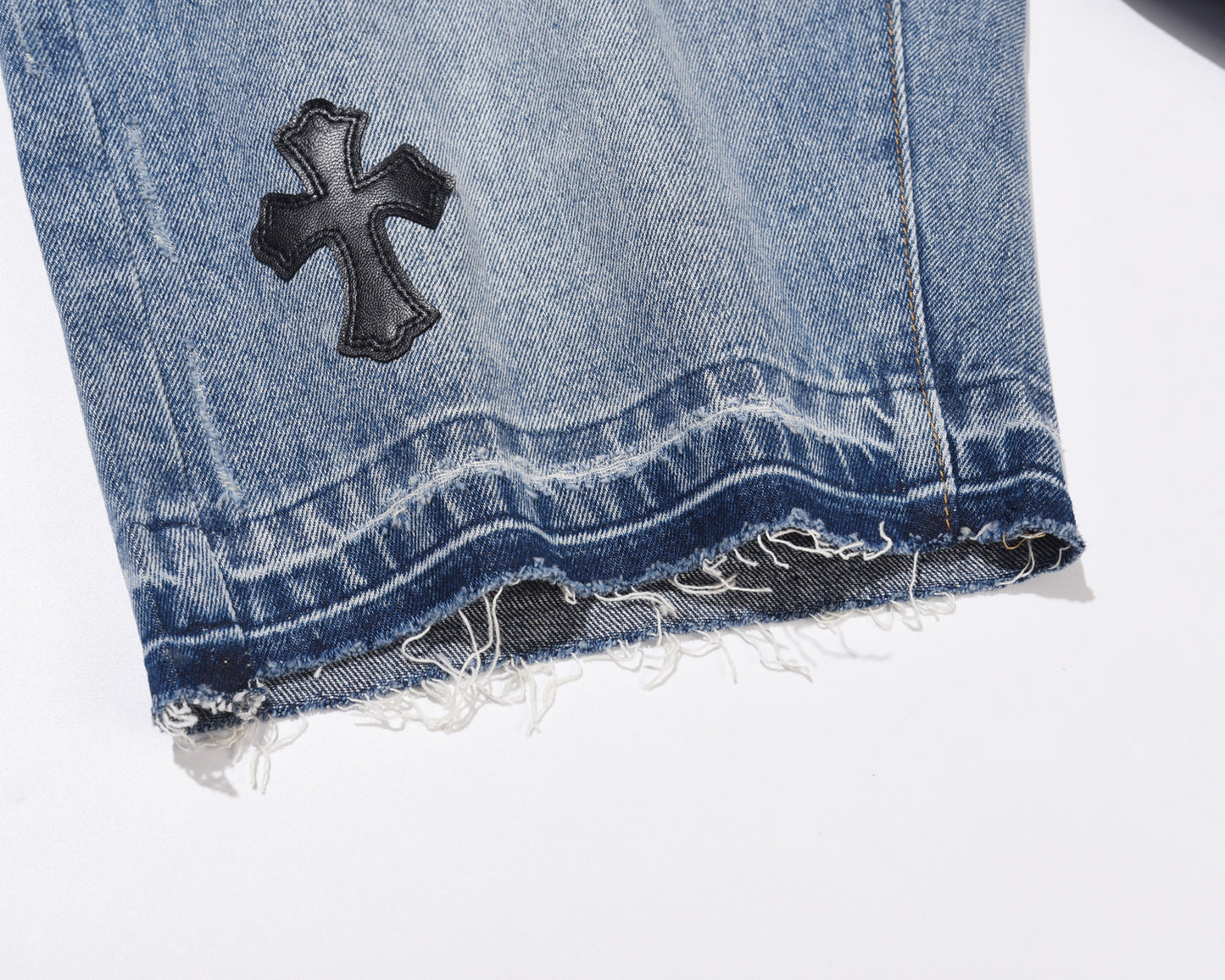 denim shorts cross leather