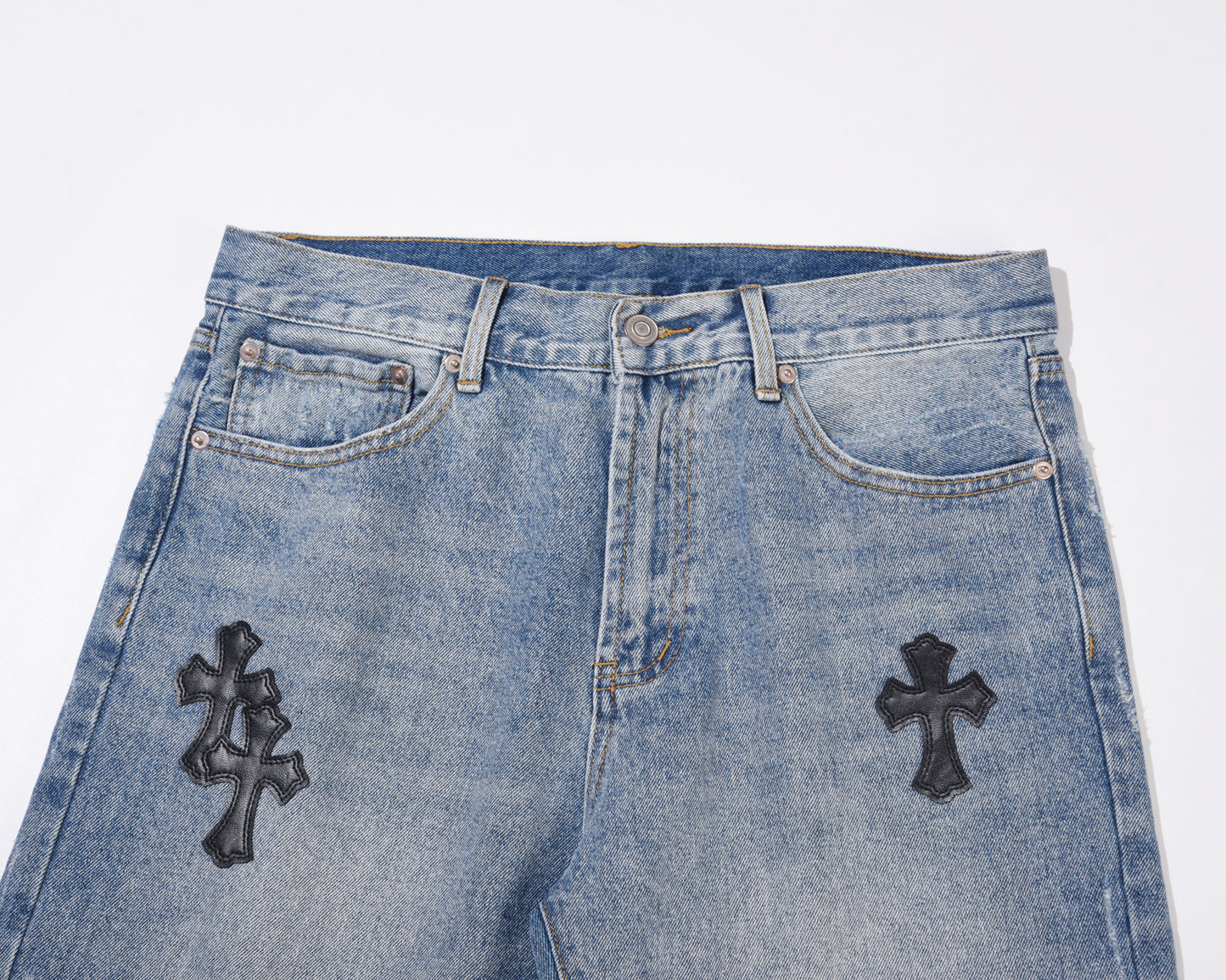 denim shorts cross leather