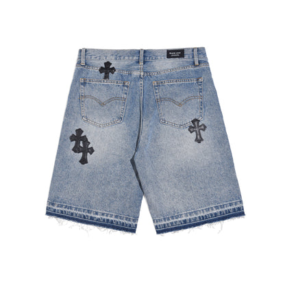 denim shorts cross leather