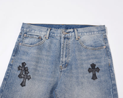 denim shorts cross leather
