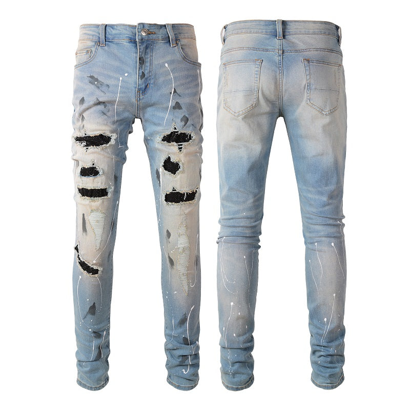 Denim slim fit diamond black print