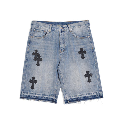 denim shorts cross leather