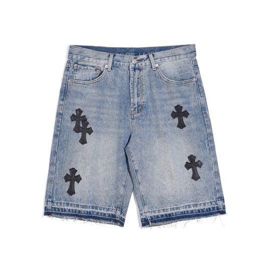 denim shorts cross leather