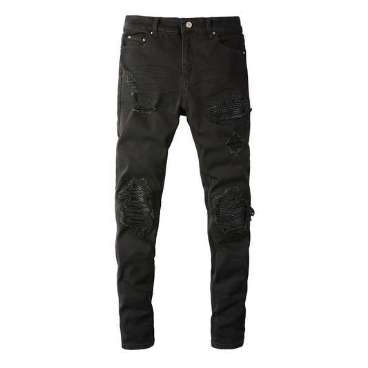 Denim slim fit broke leather
